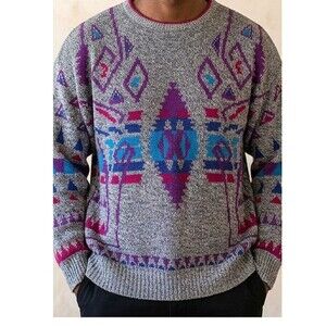 VTG Sergio Unisex 80s 90s Geometric Abstract Pullover Size XL Marled Grey
